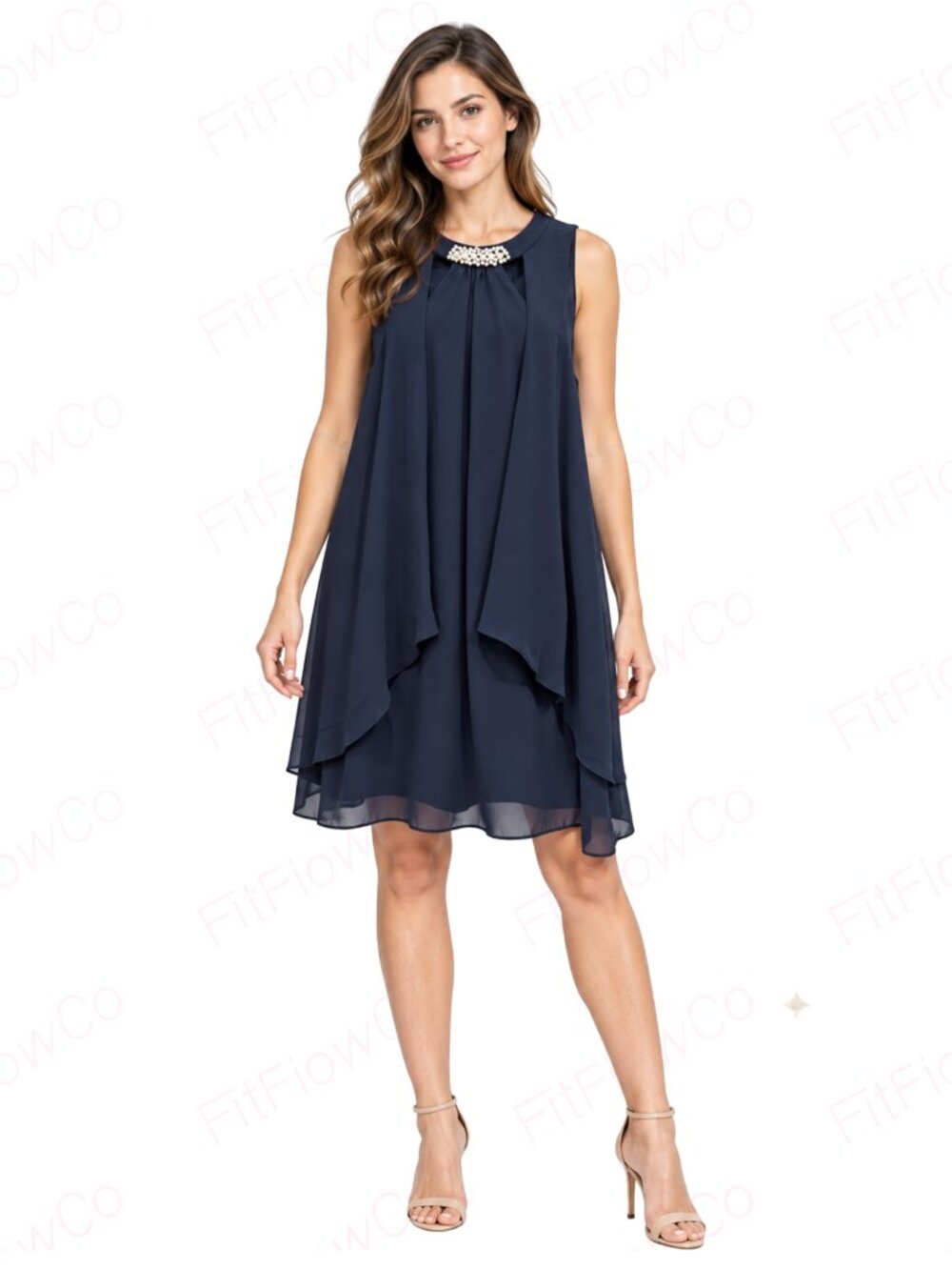 SLNY Navy Pearl Embellished Layered Chiffon Shift Dress Size 6 NWT